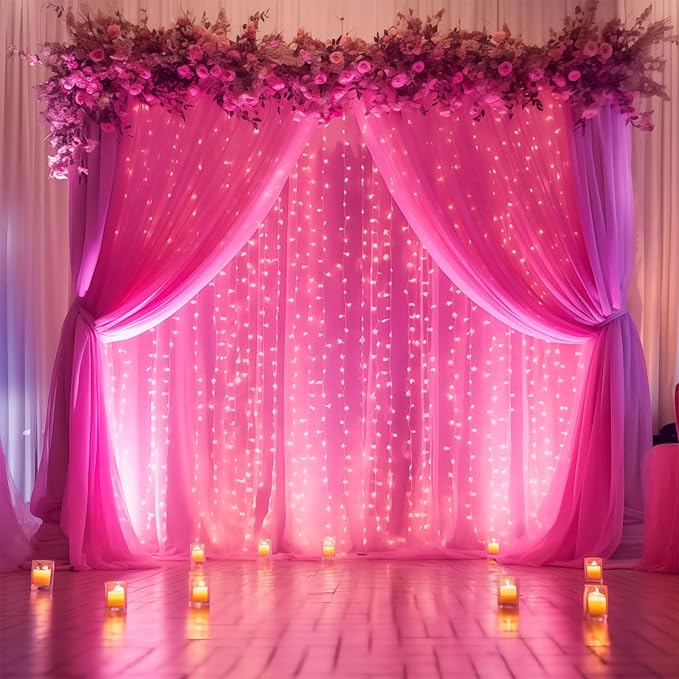 20×10ft Hot Pink Tulle Backdrop Curtain with Lights String for Parties, Sheer Photo Backdrop Curtains for Wedding Party Photography Background
