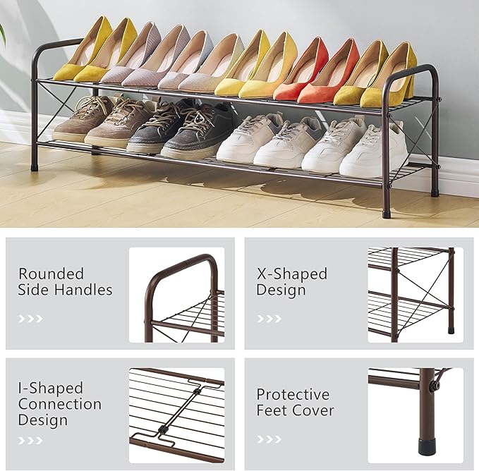 Hoctieon 2 Tier Shoe Rack for Closet, Durable Mesh Style Shoe Rack, Entryway Shoe Shelf, Shoe Storage Organizer for Hallway, Bedroom, Living Room, Wardrobe, Brown