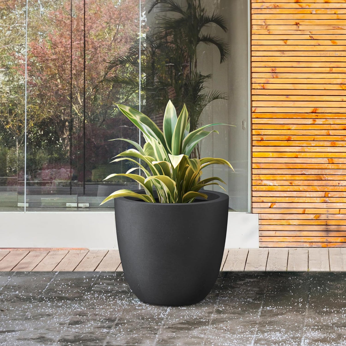 Kante 14 Inch Dia Round Concrete Planter, Indoor Outdoor Large Plant Pot with Drainage Hole and Rubber Plug for Home Patio Garden, Black