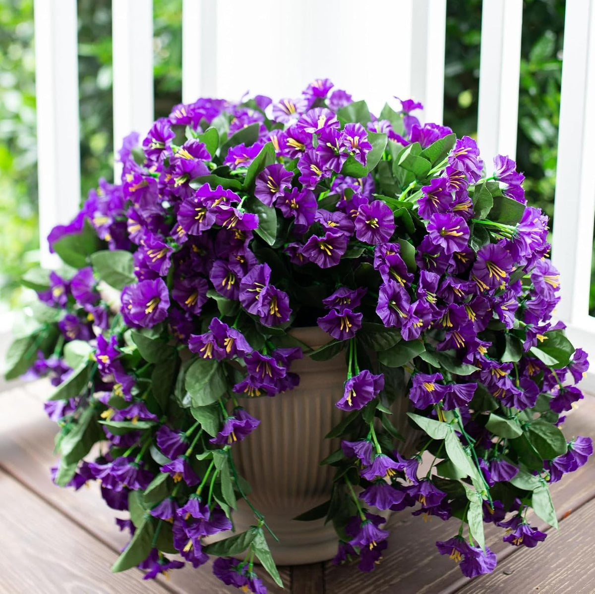Artificial Fake Hanging Flowers Plants for Outdoor Outside Summer Decoration, 2PCS Faux Silk Morning Glory Purple UV Resistant Look Real Trailing Vines for Home Planter Porch Patio