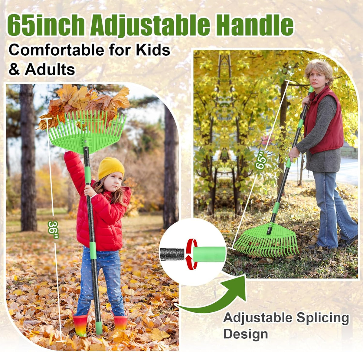 Plastic Leaf Rake with Adjustable 65'' Handle - Lightweight Outdoor Yard Rakes for Leaves,Grass & Pine Needle,Mulch,Gentle On Lawn Garden - Easy to Use for Women,Seniors & Kids