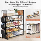5 Tier Shoe Rack with Hook and Side Pocket,Shoe Organizer Space Saver Storage for 20-25 Pair Shoe Storage Shelf Sturdy Free Standing Long Shoe Rack Organizer for Closet,Entryway,Small Spaces