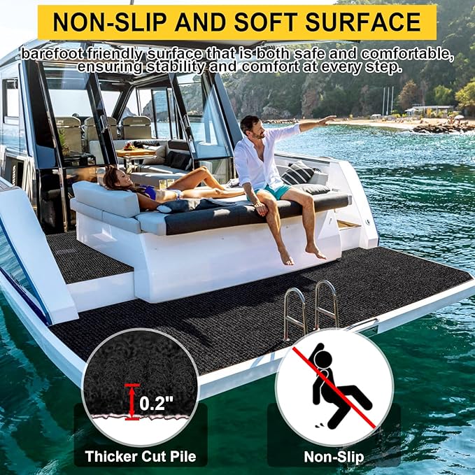 Marine Carpet - 6 FT x 10 FT Black Indoor Outdoor Rug (0.2" Thick) with Water-Proof TPE Backing, Non-Slip Outdoor Marine Carpet Roll for Home, Patio, Porch, Deck
