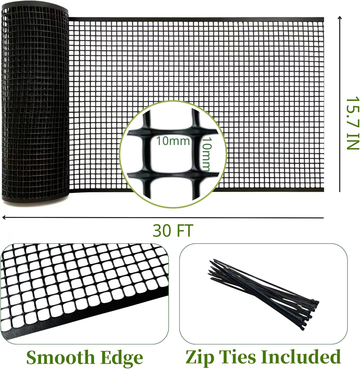 PotatoLife Plastic Wire Mesh Fence, Balcony Fence for Baby and Pets, Safety Fence, Stair Protector, Poultry, Garden, Tree Support, Durable Material, Free Zip Ties (Black, 15.7'' x 30')
