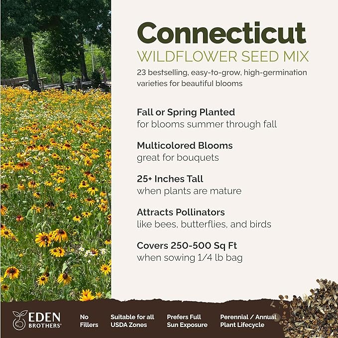 Eden Brothers Connecticut Wildflower Mixed Seeds for Planting, 1/4 lb, 120,000+ Seeds with Cornflower, Cosmos | Attracts Pollinators, Plant in Spring or Fall, Zones