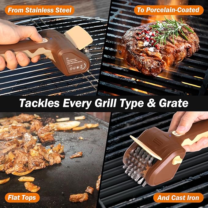 Grill Brush for Outdoor Grill, Cordless Electric BBQ Grill Cleaner with 700 RPM Stainless Steel Brush, Rechargeable Grill Cleaning Brush, Brown