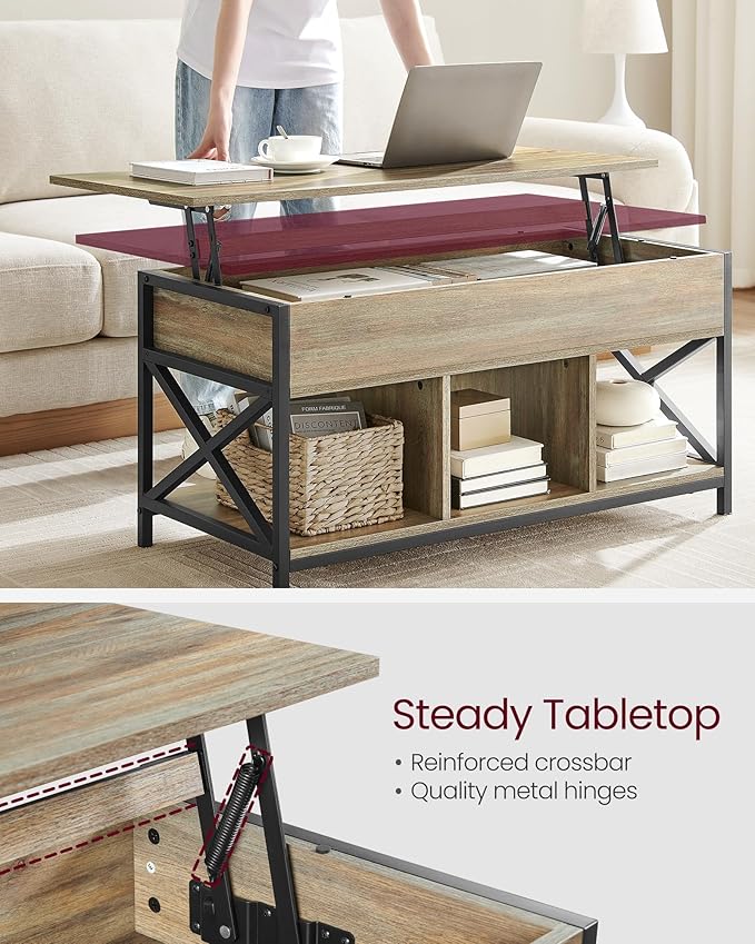 VASAGLE Lift Top Coffee Table, Lift Coffee Table with Storage Shelf, Hidden Compartments and Lifting Top, for Living Room, Office, 19.7 x 39.4 x (19.3-24.4) Inches, Oak with Blue Grains ULCT202B60