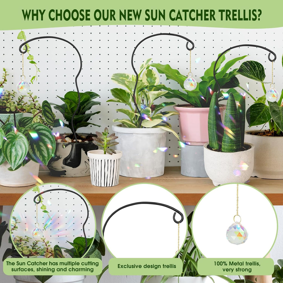 Plant Trellis for Potted Plants with Colorful Crystal Sun Catcher, 17.5 Inch Metal Plant Stakes for Indoor Plant Accessories Indoor for Home Garden,Plant Lover Gift (Black)