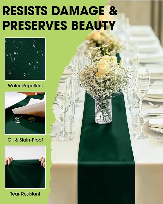 Pureegg Emerald Green Plastic Table Runners - 10 Pack, 14'' x 108'', Water Resistant & Disposable Centerpiece Decorations for Table Cloth, Wedding, Birthday, Holiday, Baby Shower, Party, Home Decor