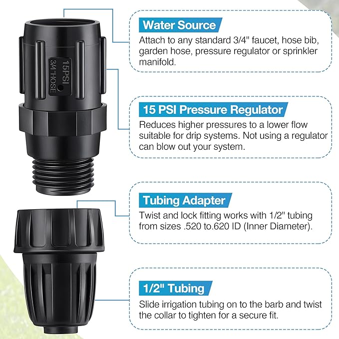4 Pcs 15 PSI Drip Irrigation Pressure Regulator Faucet Adapter Kit, 2 Pcs 3/4" FHT x 3/4'' MHT Pressure Regulator, 2 Pcs 1/2 Inch Drip Irrigation Tubing Adapter for Drip Irrigation System