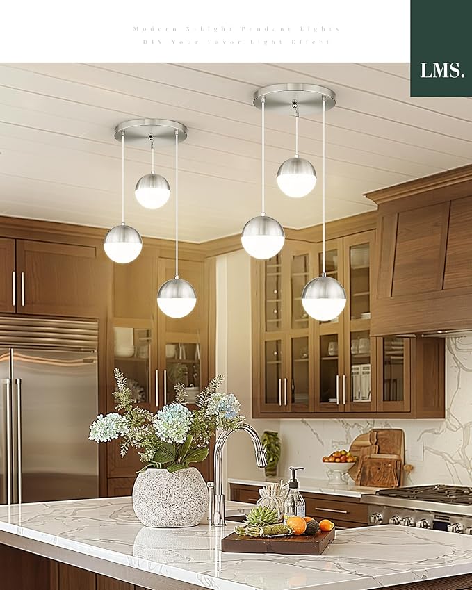 LMS Modern Brushed Nickel 3-Light Cluster Pendant Lights, Mid Century Pendant Lighting with White Globe Glass Shade, Adjustable Hanging Cord Ceiling Light for Home Office Dining Room, LMS-186BN3