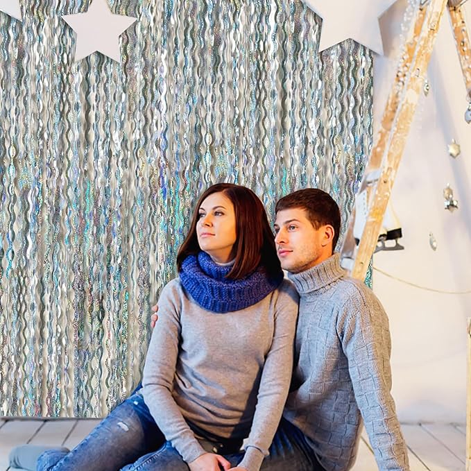 Tinsel Foil Fringe Curtains Wavy Backdrop for Parties Sparkle Metallic Wavy Foil Fringe Backdrop Curtain for Party Decorations Photo Booth Props for Birthday Graduation Wedding