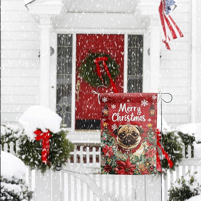 Christmas Pug Garden Flag Merry Christmas Dog Yard Flag for Outside Xmas Flags 12x18 Double Sided Red Poinsettia Garden Flags Winter Porch Decorations Outdoor