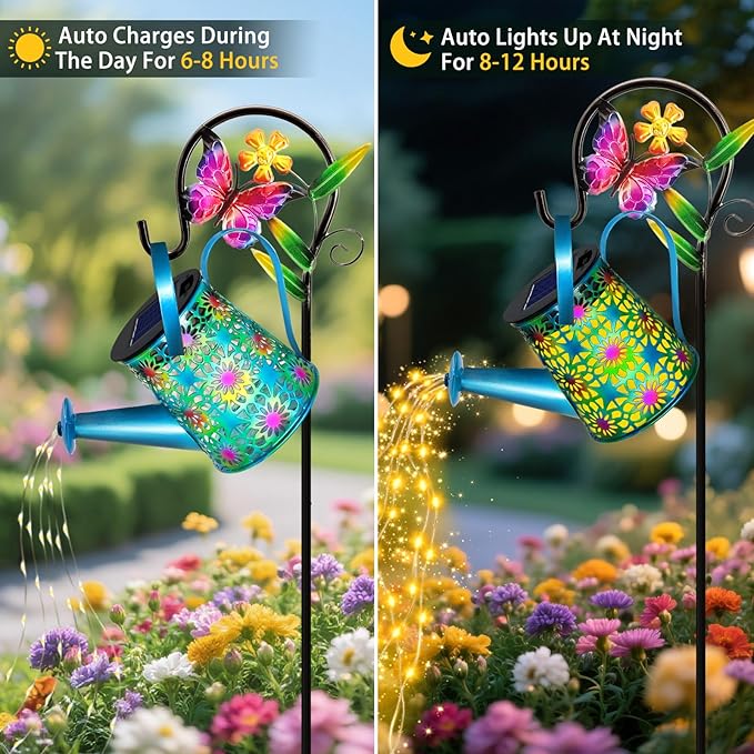 2 Pack Solar Lights Outdoor Decorative, Blue Metal Solar Watering Can Lights Waterproof, Gifts for Women Mom Grandma Mother's Day, Hanging Lanterns Decoration Garden Decor for Outside Yard Patio Lawn
