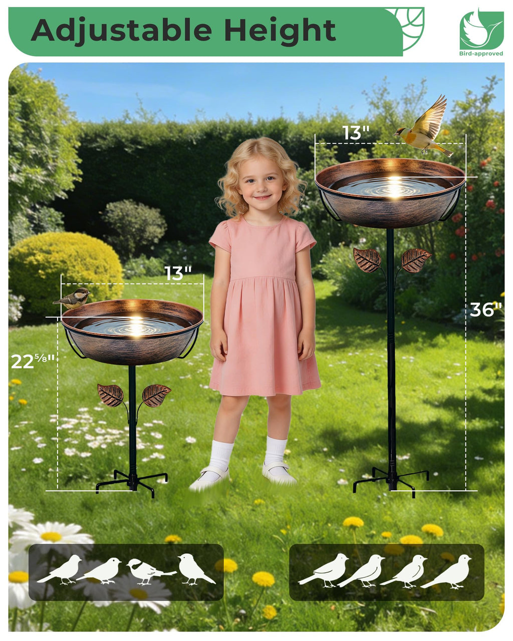 OUISJYER 13" Metal Bird Bath for Outside 3" Deep Removable Bowl with Stake