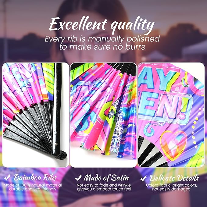 SYNTECSO Folding Hand Fan for Rave, Popping Fan for Line Dancing, Drag Queen, Women and Men Gift，Chinese Japanese UV Glow Clack Fan for Parties, Music Festivals, EDM and Decoration
