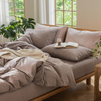 MooMee Bedding Duvet Cover Set 100% Washed Cotton Linen Like Textured Breathable Durable Soft Comfy (Heathered Mauve Brown, Super King 108"x98")