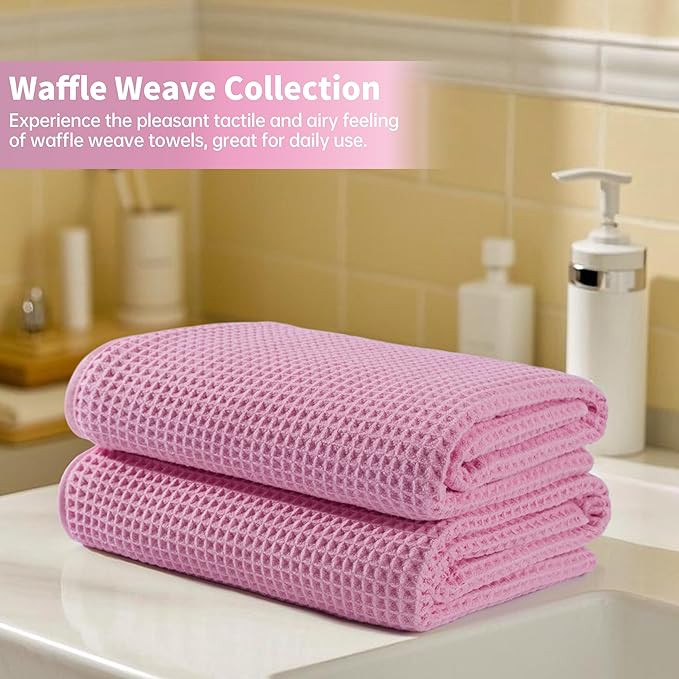 New Microfiber Waffle Bath Towels, 2 Pieces, Oversized, Soft, Absorbent, Fast Drying, Lint Free (Pink)