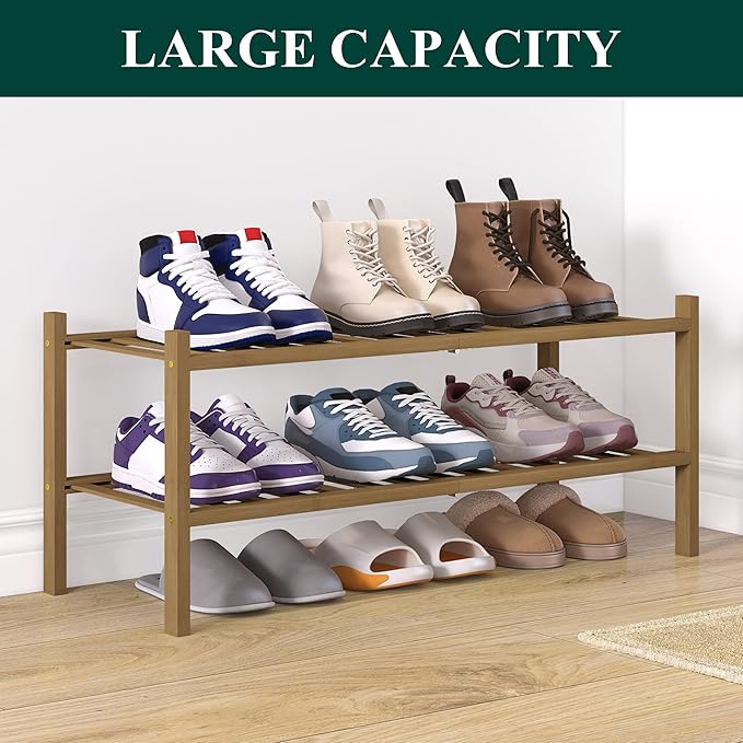 Smiry Bamboo Shoe Rack for Closet, 2 Tier Wooden Stackable Shoe Organizer, Free Standing Shoes Storage Shelf for Entryway, Front Door Entrance, Walnut