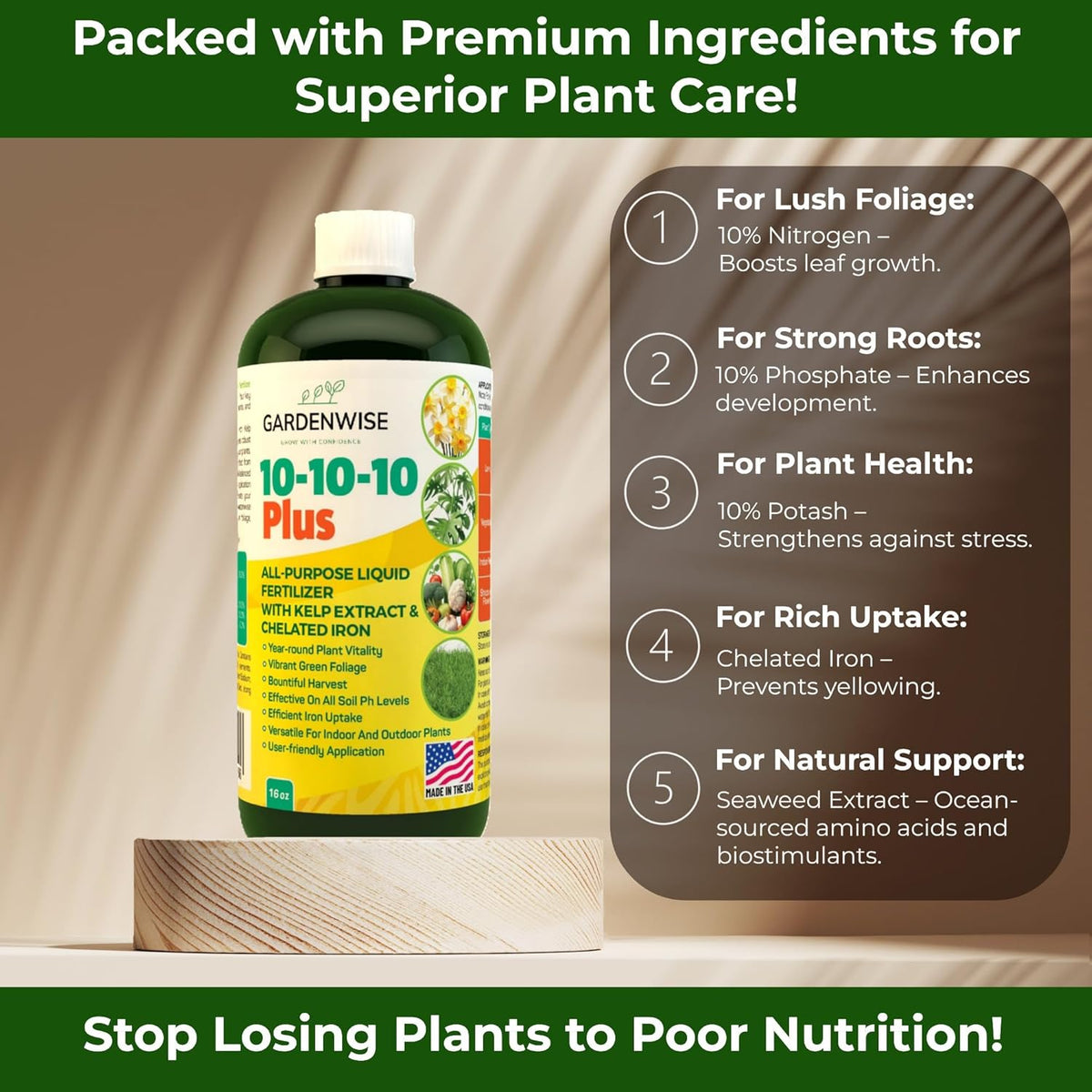 10-10-10 All Purpose Plant Food - Liquid Fertilizer with Seaweed Kelp & Iron - Indoor & Outdoor Plant Food, Vegetables, Flowers, Lawn & Garden 1x8oz