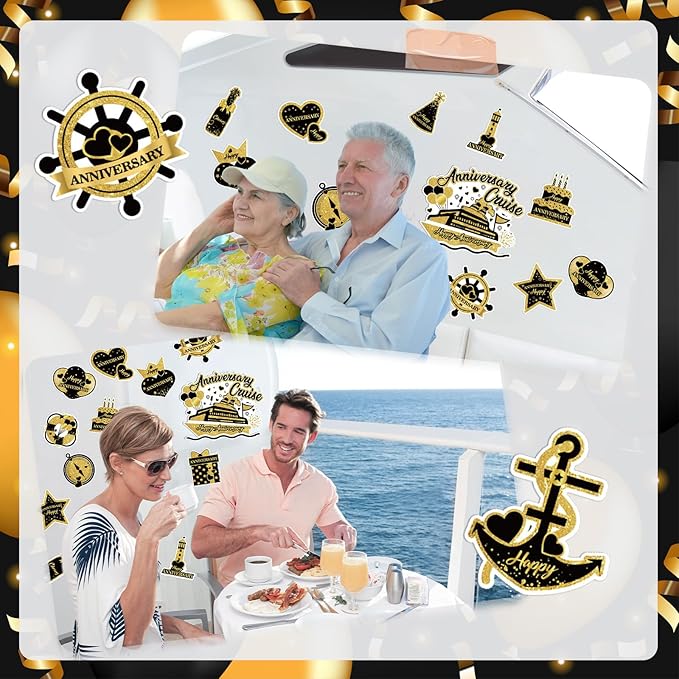 Happy Anniversary Cruise Door Magnets Decorations, Black Gold Happy Anniversary Cruise Ship Door Decor Magnetic for Married Men Women Wedding Party Fridge Refrigerator Car Kitchen Garage Personalized