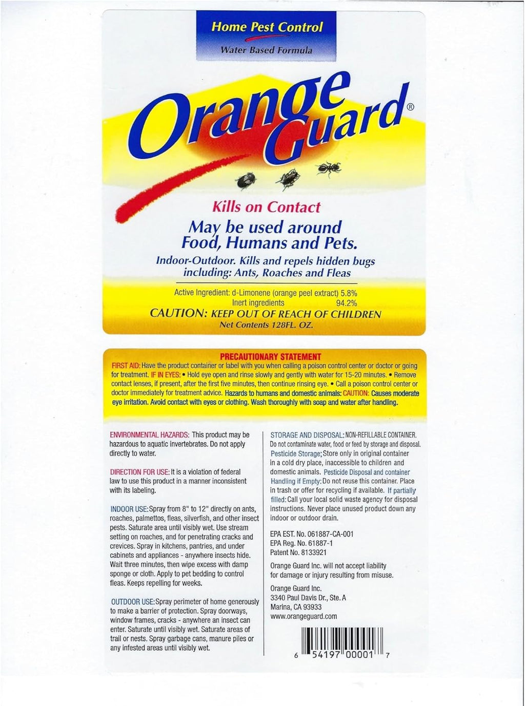 Orange Guard Home Pest Control with D-Limonene | All-Natural Food Grade Orange Peel Oil for Bugs, Ants, Roaches, Fleas, Palmettos and Silverfish - 1 Gallon