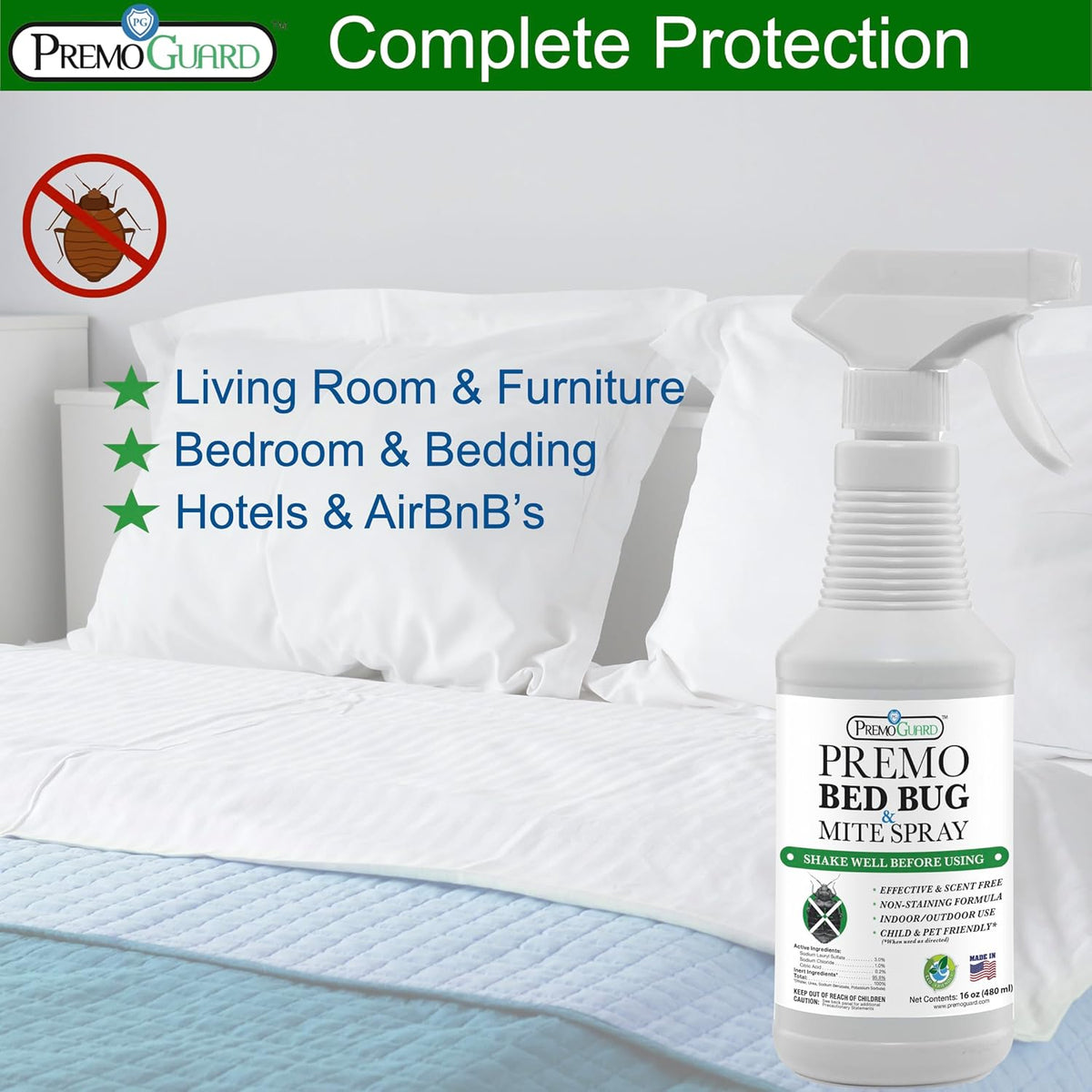 Premo Guard Bed Bug Killer Spray 16 oz - University Tested 100% Kill Rate - Natural Non Toxic, Stain & Scent Free - Kill Bedbugs & Mites On Bed & Blankets, Furniture, Clothing - Child & Pet Safe