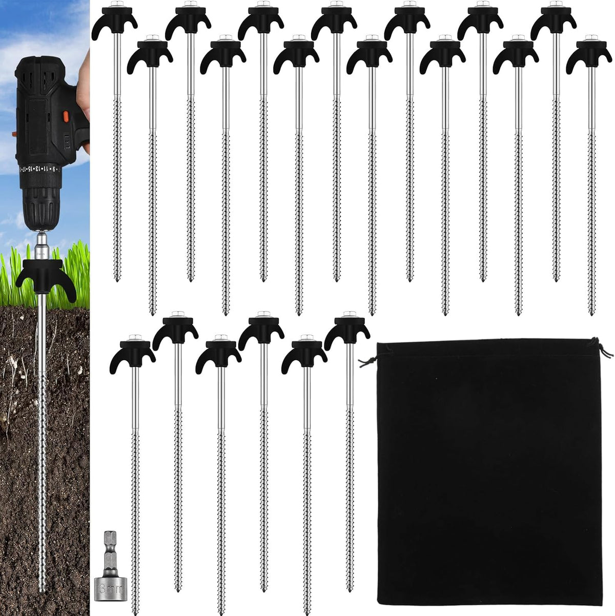 JaGely 20 Pcs 12 Inch Tent Stakes Screw in Camping Stake Heavy Duty Metal Spikes Ground Anchor Peg Threaded Tent Spikes with Hex Head Driver for Camping Garden Inflatable Outdoor Decor (Black)