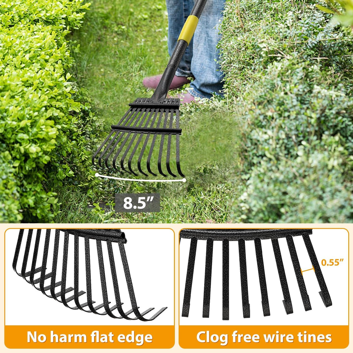 Rake, Garden Leaf Rakes for Lawns Heavy Duty, Yard Metal Rake Tools with 9" Small Narrow Rake Head, 65” Adjustable Long Handle, 11 Steel Tines, Quick Clean up Rake for Shrub, Flower Bed, Camping
