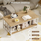 Coffee Table for Living Room with Slatted Sides Frame, Modern Farmhouse Living Room Table with 2-Tier Storage Shelf for Home Office, Apartment, 39 inch, Light Coffee