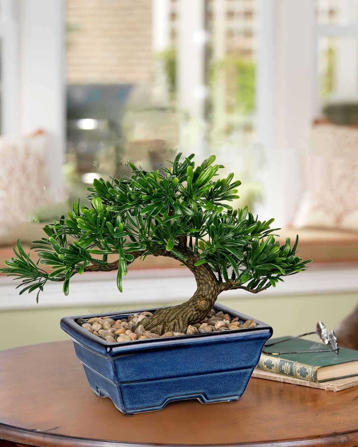 Artificial Bonsai Tree Faux Plants Indoor Small Fake Plants Decor with Blue Ceramic Pots for Home Table Office Desk Bathroom Shelf Bedroom Living Room Farmhouse Decorations