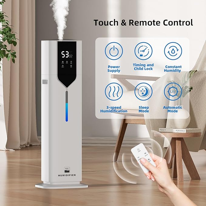 10L/2.6Gal Smart Humidifiers for Bedroom Large Room, Last 100 Hours humidifiers, Cover up to 600ft², Easy Top Fill,Auto Mode 3 Mist Modes, Quiet 30dB humidifier for Bedroom, Office, Baby, White