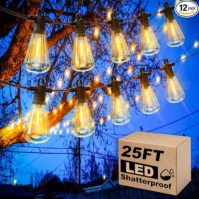 25ft Outdoor String Lights, LED Patio Hanging With 12 Shatterproof Bulbs, Waterproof ETL Listed Bistro for Backyard Garden Cafe