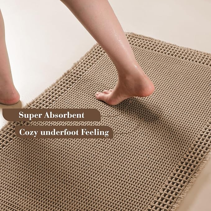 RESARE Waffle Bathroom Runner Rugs, Super Absorbent Bath Mat Non Slip Washable Quick Dry, Upgraded Ultra Soft Boho Bath Rugs with Tassels for Hallway Bedroom Laundry Room, 2'x6'(24"x72"), Brown