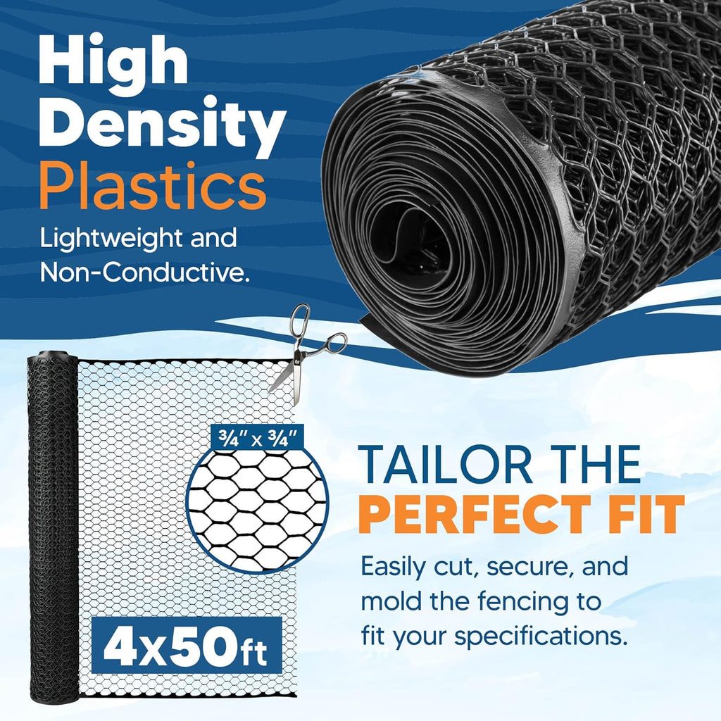 Plastic Hex Chicken Wire Mesh Garden Fence Roll (4' x 50' - Black) - Versatile Poultry Netting and Garden Fence for Temporary or Semi-Permanent Enclosures, Deer Fencing, and Construction Barriers