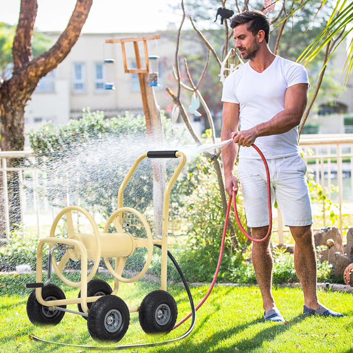 Hose Reel Hold Up To 300 Ft Heavy Duty Garden Hose Reel Sturdy Water Hose Reel Cart with 4 Wheels Storage Basket for Garden Lawn Yard Outdoor (Tan)