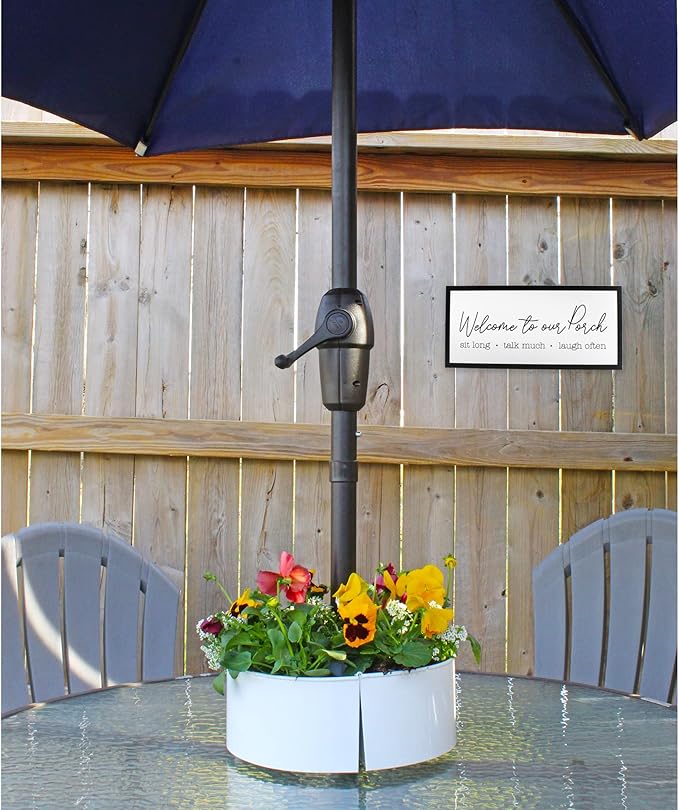 AuldHome Design Umbrella Planter for Patio Table w/Umbrella Hole (White), Enamelware Half-Circle Planter Pots