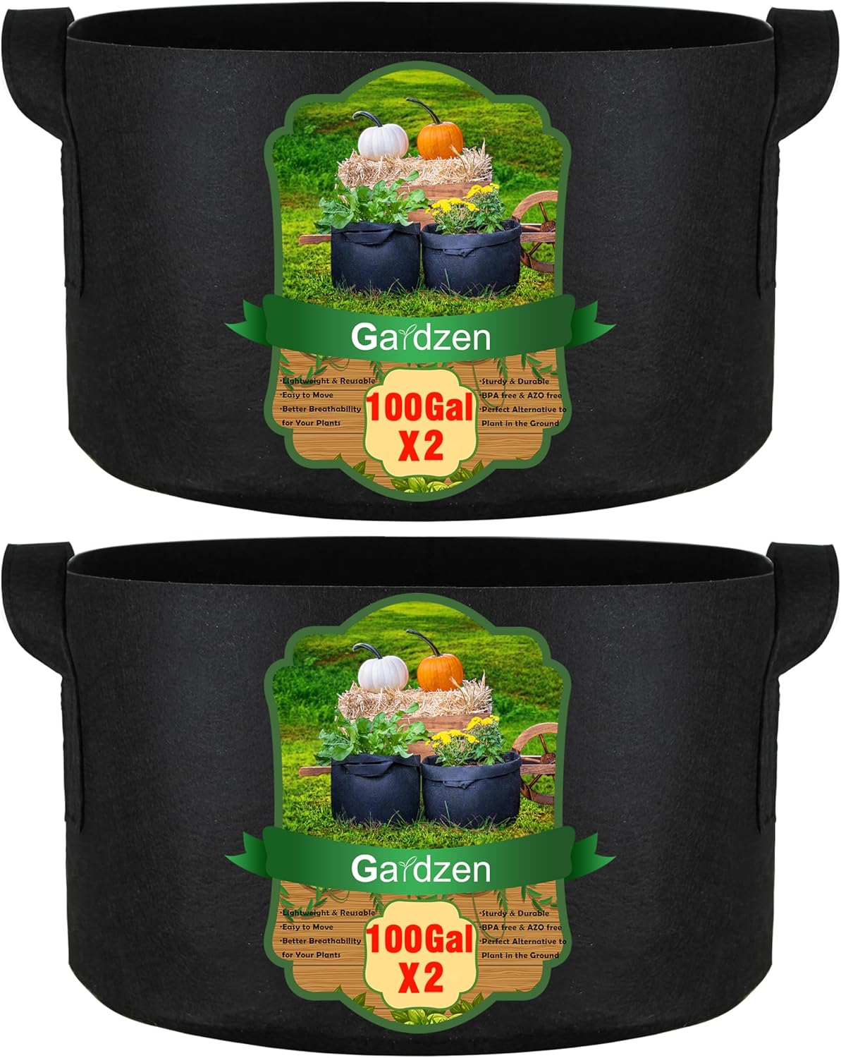 Gardzen 2-Pack 100 Gallon Grow Bags, Aeration Fabric Pots with Handles, Pot for Plants