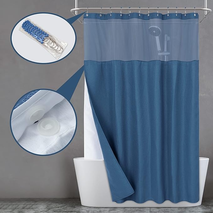 N&Y HOME Waffle Weave Shower Curtain with Snap-in Fabric Liner & Hooks Set - Hotel Style, Water-Repellent & Washable, Heavyweight Fabric & Mesh Top Window - 71x72, Moonlight Blue