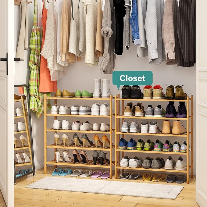 5-Tier Bamboo Shoe Rack for Entryway, Stackable | Foldable | Natural, Shoe Organizer for Hallway Closet, Standing Shoe Racks for Indoor Outdoor