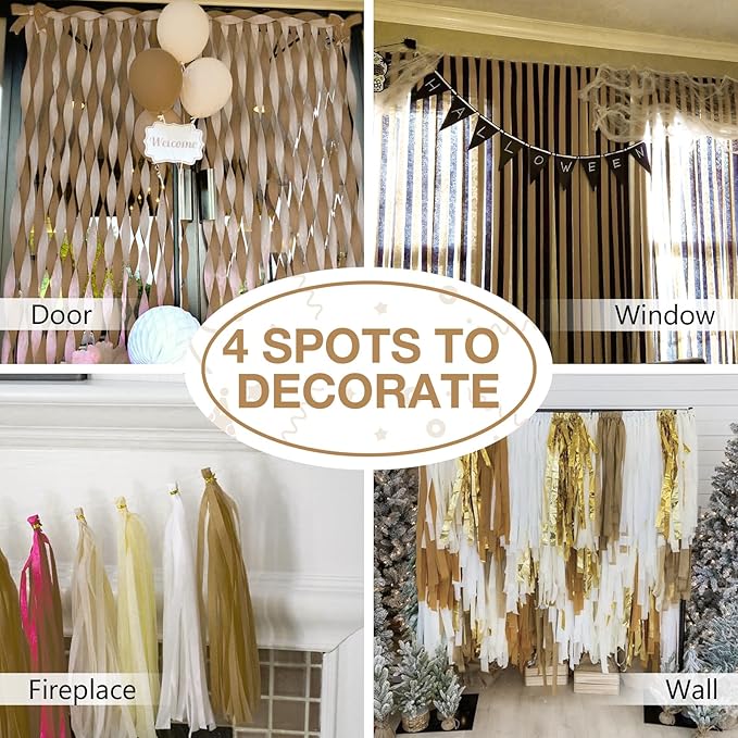 PartyWoo Light Brown Crepe Paper Streamers 4pcs 328ft Pack of Nude Boho Neutral Crepe Paper Streamers for Birthday Baby Shower Wedding Graduation Anniversary Woodland Jungle Theme Party Decorations