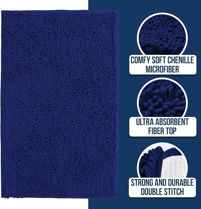 Muddy Mat Chenille Bathroom Rugs Quick Dry Microfiber Mats Non Slip Washable, Extra Thick, Soft and Highly Absorbent Bath Mats for Bathroom, Kitchen, and Shower Floor - Navy Blue Small 28"X18"