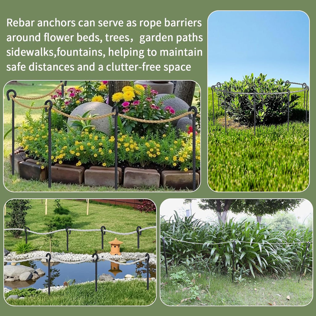 Rebar Stakes 24 Inch with Loop (Set of 6) | 1/2 Inch Thick Tree Stakes and Supports, Steel Tarp Pegs, Camping Tent Ground Anchors | Create Rope Border, Fence, Pathway | for 1.18" Diameter Rope (Black)
