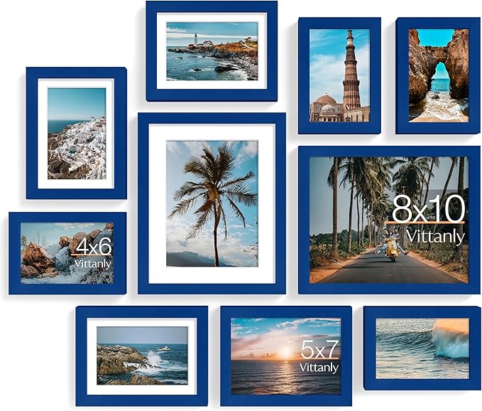 Vittanly 10 Pack Picture Frames Collage Wall Decor, Gallery Frame Set for Wall Mounting or Tabletop Display, Multi Sizes Including 2pcs 8x10, 4pcs 5x7, 4pcs 4x6, Blue