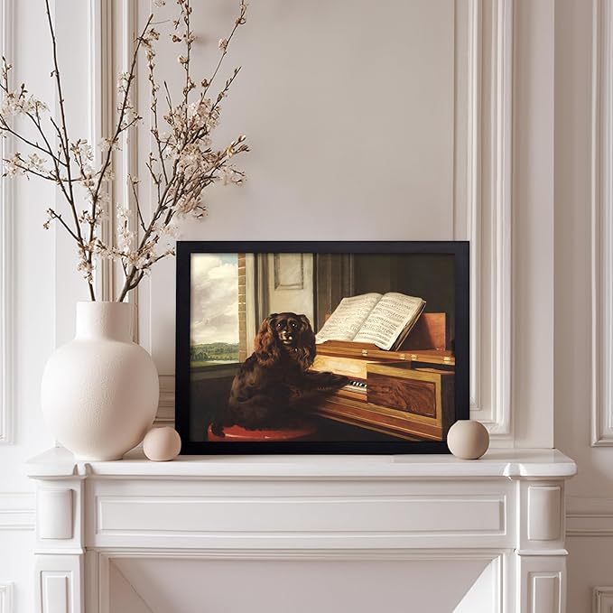Poster Master Vintage Portrait of an Extraordinary Musical Dog Print - Retro Puppy Poster - Piano & Music Art - Animal Lover Wall Design - Living Room or Office Decor - 11x14 Black Framed