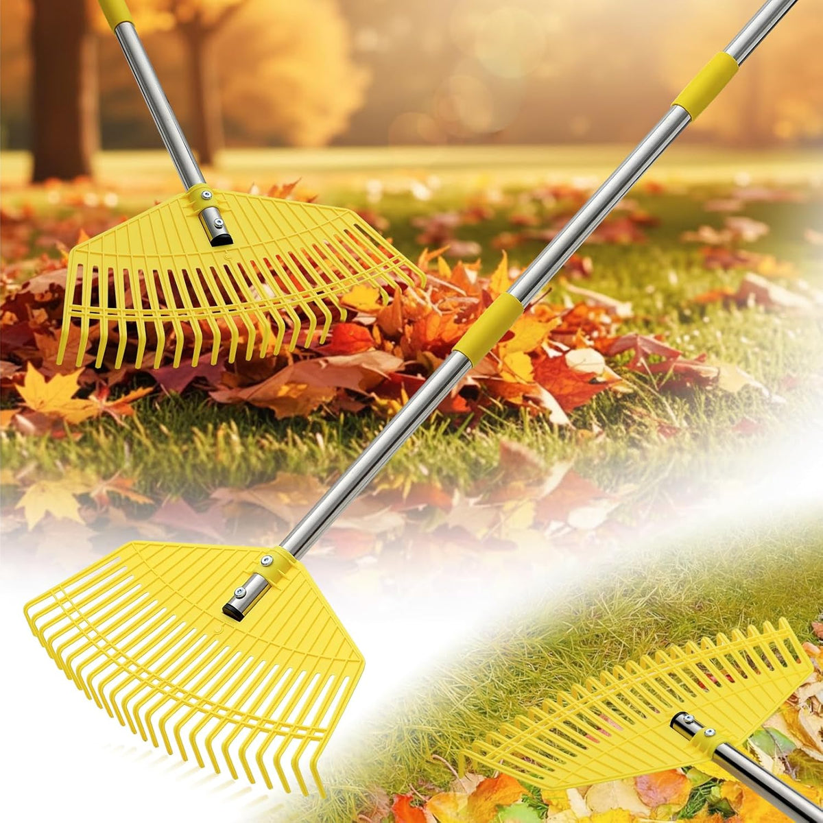 Plastic Leaf Rake for Lawns - Non-Clog, Heavy-Duty 16.5'' Wide Yard & Garden Rake for Leaves, Grass, Pine Needles, 1'' Stainless Steel Adjustable Handle, Easy Use for Women,Seniors,Kids