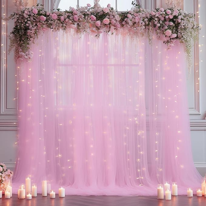 10x10 Pink Tulle Backdrop Curtains for Parties, Sheer Backdrop Curtain Wedding Photo Background Drapes for Baby Shower Photography Birthday Party