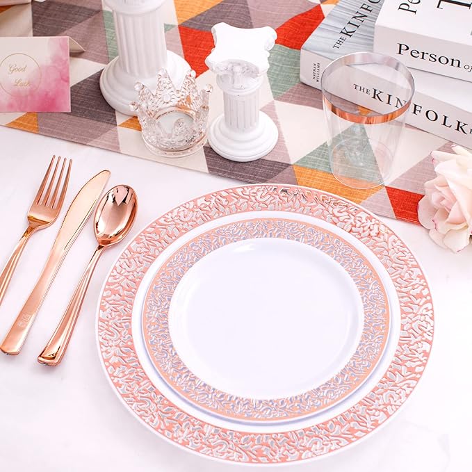 WELLIFE 175 Pieces Rose Gold Plastic Dinnerware,Rose Gold Dinnerware Set Include: 25 Dinner Plates 10.25", 25 Salad Plates 7.5", 25 Cups, 50 Forks, 25 Knives and 25 Spoons for Party