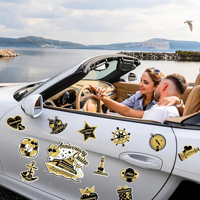 Happy Anniversary Cruise Door Magnets Decorations, Black Gold Happy Anniversary Cruise Ship Door Decor Magnetic for Married Men Women Wedding Party Fridge Refrigerator Car Kitchen Garage Personalized