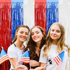 4 Pack Red Blue White Foil Fringe Curtain Backdrop, 3.28Ft x 8.2Ft Metallic Tinsel Foil Fringe Streamers Curtains for Photo Booth, Wedding, Mardi Gras, Birthday, Independence Day Party Decoration
